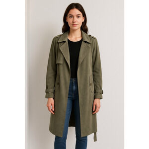 NEW, Philosophy Women’s Olive Green Faux Suede Trench Coat Jacket – Size l 43” L